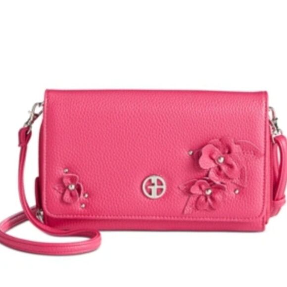 Giani Bernini's Crossbody Bag Hot Pink Rosettes Adjustable Straps Slip Pockets - Picture 1 of 15